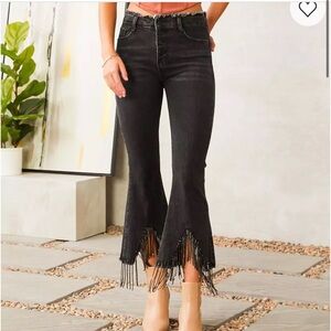 Fringed Hem Black Wide-Leg Jeans
